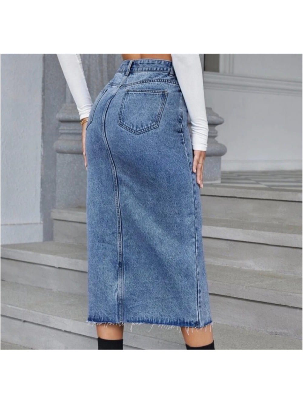 Women’s Medium High Waist Denim Midi Skirt Blue Asymmetrical Waist Front Slit - Picture 2 of 3